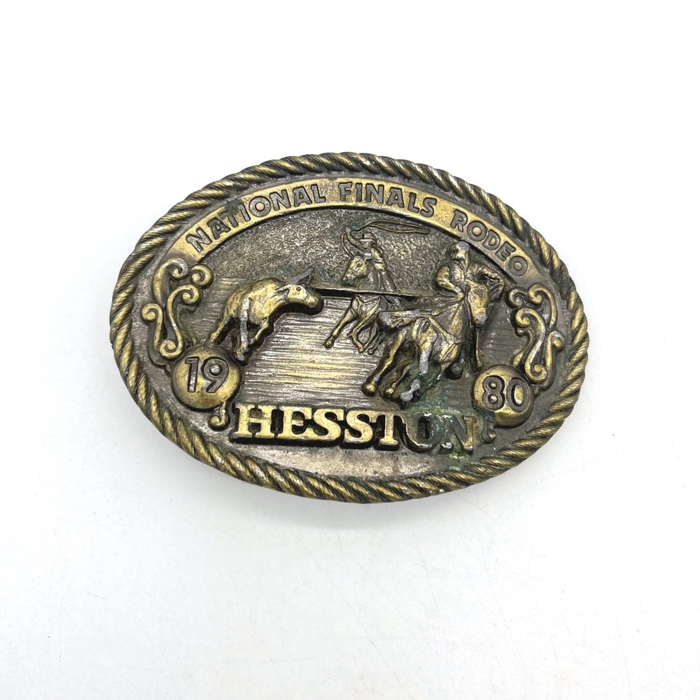 Vintage 1980 Hesston National Finals Rodeo Belt Buckle NFR Steer Wrestling Brass